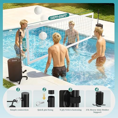 Pool Volleyball Net Set, No Drilling Base Free with Dual 25L Water Bags for Stability,Includes Heavy Duty Anti-Sag & 2 Volleyballs with Pump, for Above Ground & Inground Pools & Swimming Pool Games