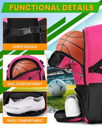 Hsmihair Basketball Backpack Large Sports Bag for Men&Youth,Gym Bag with Separate Ball & Shoes Compartment,Travel Bag for Basketball,Soccer,Volleyball - color: Deep Pink