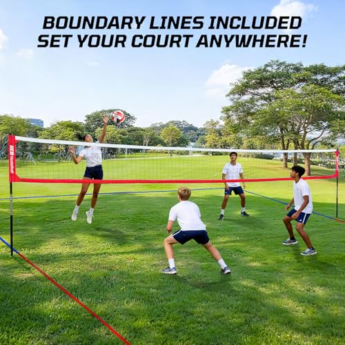 Haokelball Outdoor Volleyball Net Set for Backyard, 32FT Regulation, 3-Level Adjustable Height & Anti-Sag Tension System, Heavy Duty Thick Poles, Includes Volleyball, Pump, Boundary Line and Carry Bag