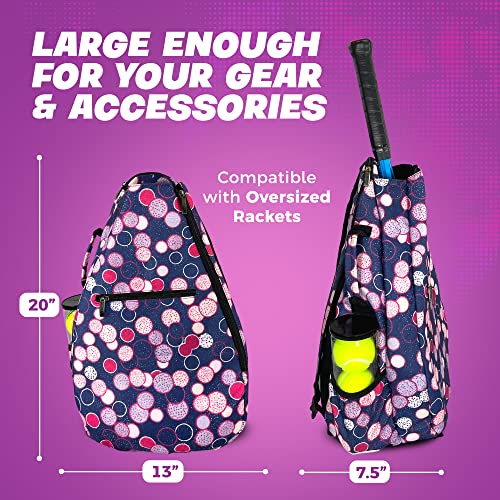 Womens Tennis Backpack - Taboo Fashions Ladies Tennis Bag Holds Two Racquets, Padded Straps and Side Carry Handle - color: Navy Blue, Pink, Purple, White, Polka Dots