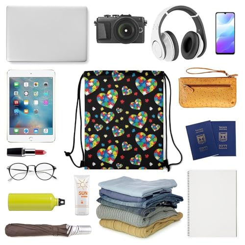 Sports Drawstring Bag Gym Sackpack Waterproof String Backpack for Running Training Fitness Men Women Unisex, Colorful Autism Awareness Puzzle Pieces Heart Bags - color: Picture (345)