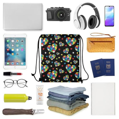 Sports Drawstring Bag Gym Sackpack Waterproof String Backpack for Running Training Fitness Men Women Unisex, Colorful Autism Awareness Puzzle Pieces Heart Bags - color: Picture (345)