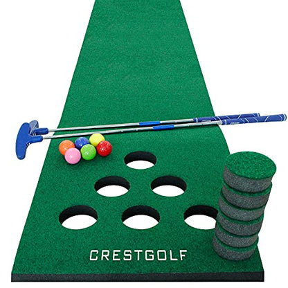Crestgolf Mat Game Set Green Mat, Putting with 2 Adjustable Putters, 6 Golf Balls,12 Golf Hole Covers for Indoor&Outdoor Short Game Office Party Backyard Use