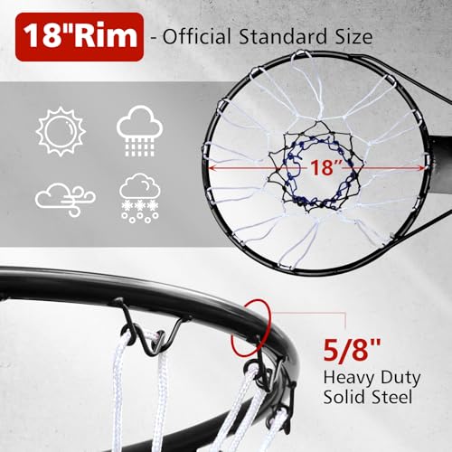 18" Basketball Rim Replacement, Wall Door Mounted Basketball Rim, Heavy Duty Basketball Flex Rim Goal Replacement with Net Fits In-Ground & Wall-Mounted Basketball Hoops, Indoor/Outdoor - color: Black