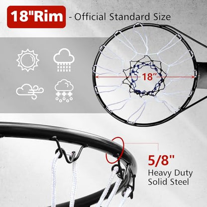18" Basketball Rim Replacement, Wall Door Mounted Basketball Rim, Heavy Duty Basketball Flex Rim Goal Replacement with Net Fits In-Ground & Wall-Mounted Basketball Hoops, Indoor/Outdoor - color: Black