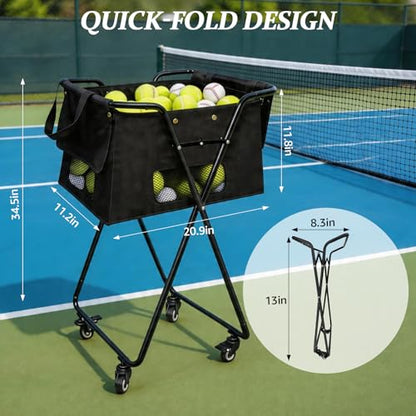 Tennis Ball Hopper Cart with 4 Wheels，Foldable Large Capacity Pickleball & Tennis Ball Collector for Court Training, Coaching