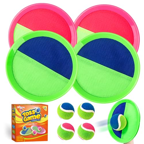 Shemira Toss and Catch Ball Game Set, Beach Toys Game for Kids Ages 4-8 8-12, Outdoor Outside Toys for Kids Ages 3 4 5 6 7 8-12, Birthday Summer Gifts for Kids, 4 Paddles 4 Balls - color: Green, Pink, Blue