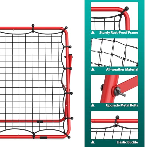 LIANTRAL Baseball Rebounder Net, Adjustable Bounce Back Trainer for Soccer, Volleyball, Softball, Portable Folding Rebounder for Passing & Shooting Practice, Volleyball Rebound Net for Kids, Red