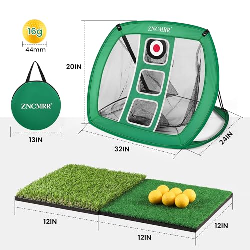 Pop Up Golf Chipping Net, Indoor/Outdoor Golfing Target Net Collapsible Portable Golf Hitting Net with 15 Training Balls and 2 Hitting Mats for Backyard Driving and Swing
