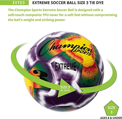 Champion Sports Extreme Tie-Dye Soccer Ball – Durable All-Weather Soccer Ball for Kids, Youth & Adults – Sizes 3, 4, 5 - size: Size 3