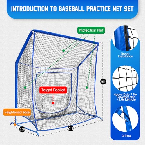 Baseball Softball Net with Blocking System, 7x7ft/6x6ft/10x7ft Practice Cage Net for Batting/Pitching/Fielding, Metal Frame with Elevated Base and Storage Bag for Backyard Indoor Training - size: 6x6FT