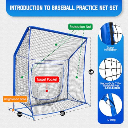 Baseball Softball Net with Blocking System, 7x7ft/6x6ft/10x7ft Practice Cage Net for Batting/Pitching/Fielding, Metal Frame with Elevated Base and Storage Bag for Backyard Indoor Training - size: 6x6FT