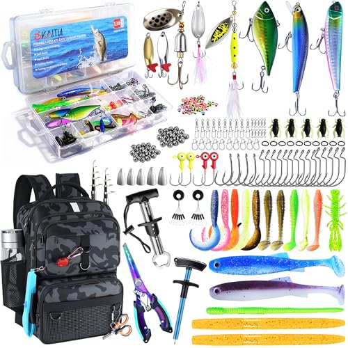Fishing Backpack with Tackle Boxes and Rod Holder, 24L Fishing Sling Bag with Fishing Lures Kit, Fishing Gear Bag Gifts for Men Women - Black Camo Backpack