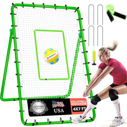 6-Angle Adjustable Volleyball Rebounder Net 7x4ft, High Stable Bounce Back Training Equipment for Practicing Volleying Bumping Spiking with High-Tension Net, PU Volleyball and Pump, Stakes - color: Green