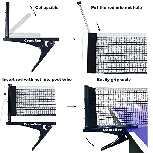 Comesee Kioos Collapsible Table Tennis Net Professional Steel Pingpong Net Clip Grip Mesh Training Competition Portable Tension Adjustable Post (Navy)