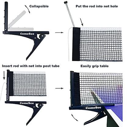 Comesee Kioos Collapsible Table Tennis Net Professional Steel Pingpong Net Clip Grip Mesh Training Competition Portable Tension Adjustable Post (Navy)