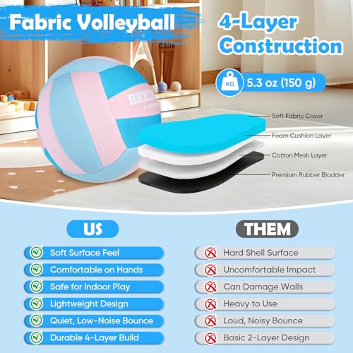 Soft Indoor Volleyball – Quiet Lightweight Fabric Volleyball for Kids, Youth & Beginners, Safe Training Ball, Pump Included - color: Pink/Blue