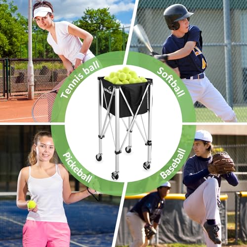 Pickleball Tennis Ball Hopper-Foldable Lightweight Tennis Cart Holds 180 Tennis/160 Pickleballs with Removable Bag,Wheels,Side Pocket for Training/Teaching, for Tennis/Pickleball/Baseball/Softball