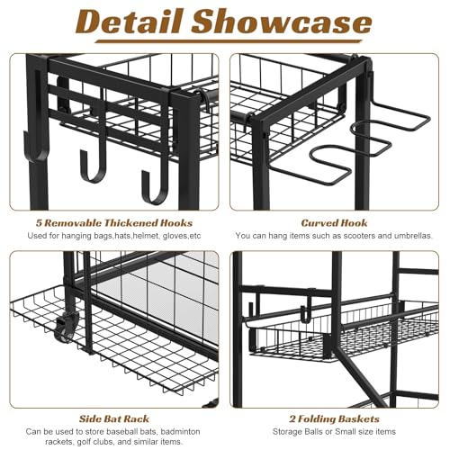 Outdoor Storage Sports Equipment Organizer, 3-Tier Heavy Duty Rolling Cart with Lockable Wheels, Removable Mesh Baskets & Bottom Bin for Balls, Bats, and Gear A