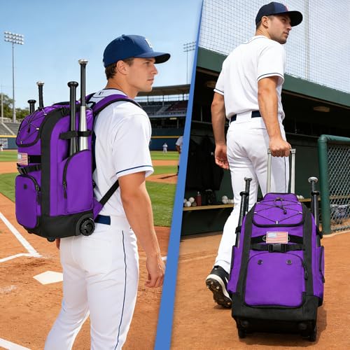 Rolling Baseball Bag with Wheels, 60L Capacity Wheeled Softball bag with Shoe Compartment for Youth & Adult, Bat bag with Hidden Straps,Fence Hook,Holds 4 Bat, Helmet, Glove - color: Purple