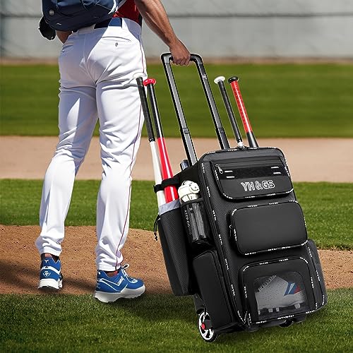 Rolling Baseball Bag,Wheeled Softball Bag with Fence Hook for TBall Bat & Equipment,Lightweight Baseball Bat with Shoe Compartment - color: Black