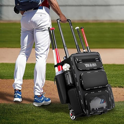 Rolling Baseball Bag,Wheeled Softball Bag with Fence Hook for TBall Bat & Equipment,Lightweight Baseball Bat with Shoe Compartment - color: Black