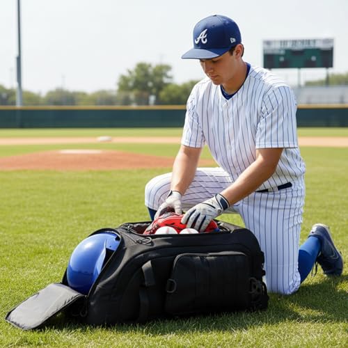 Rolling Baseball Bag with Wheels, Softball Catchers Gear Bags for 4 Bats, Portable Baseball Catcher Bag with Shoe Compartment, Holds All Softball Baseball Equipment - color: Black