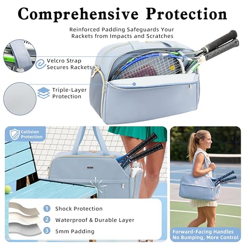 Tennis Bag for Women with Shoe Compartment, Large Tennis Racket Bag Fits 2 Racquets, Pickleball Gym Sports Tote with Shoulder Strap & Water Bottle Pocket - color: Blue