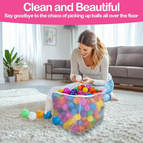 2 PCS Ball Pit Balls Bags - Storage Mesh Bag with Zipper Suitable for Storage,Sturdy and Durable,Large Size 17.7 x 11.8 x 13.7 Inches, Pink & White(Only Storage Bag,No Ball)