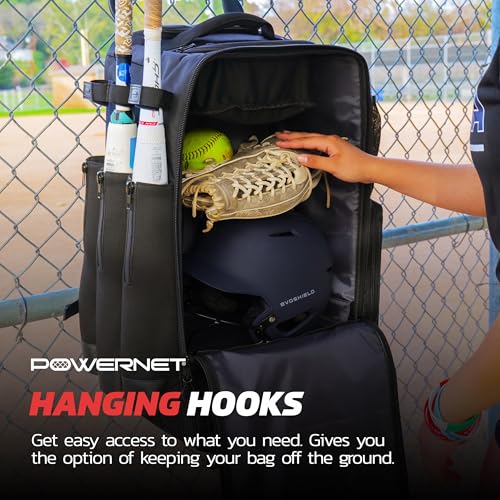 PowerNet Odyssey Softball & Baseball Bag, Rolling Backpack for Baseball Gear, Bat Bag with 4 Bat Sleeves, Cleat Compartment & Hanging Hooks