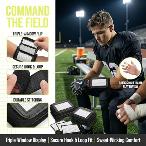 11 Pack Football Wristbands for Plays - Triple Window Playbook Wrist Coach Quarterback Armband - QB Play Calling Wristbands for Flag Football Tackle Baseball - Elastic Cotton Sports Arm Bands