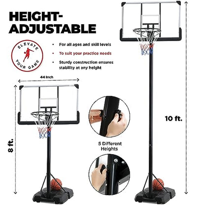 Portable Basketball Hoop 10 ft Adjustable - 44in Shatterproof Backboard - Basketball Goal System 8-10 ft Adjustable Basketball Hoop for Kids/Adults Indoor Outdoor Weatherproof Fillable Base