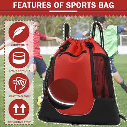 KAEGREEL Drawstring Soccer Bag Basketball Backpack for Kids Teens, Foldable Sports Bags Detachable Ball Mesh Bag for Gym Yoga Football Baseball - color: Red
