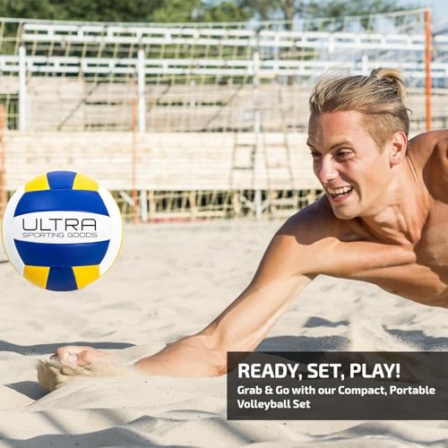 Volleyball Net for Backyard, Beach, Home, Includes 32x3 Ft Regulation Size Net, 8.5-Inch PU Volleyball, Carrying Bag, Boundary Lines, Steel Poles & Pump, Portable Volleyball Net Outdoor and Indoor