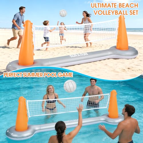 AURASUN Inflatable Pool Volleyball Net, Floating Swimming Pool Set with Basketball Hoop, Summer Pool Game Toy for Kids and Adults, Float Water Volleyball Court