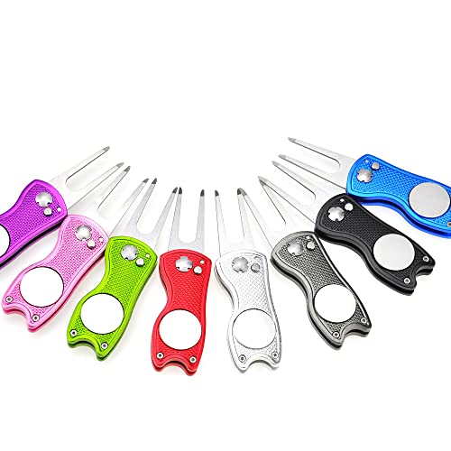 Mile High Life Golf Divot Repair Tool, All Metal Foldable Divot Tool with Pop-up Button & Magnetic Ball Marker, 2-6 Pack - color: Black, Blue