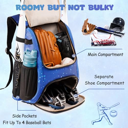 Youth Baseball Bag Backpack with Bat Holder for Boys Girls Baseball & Softball Bat Bag for T-Ball Equipment, Kids Baseball Backpack with Shoe Compartment & Glove Storage - color: Blue