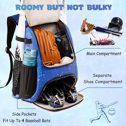 Youth Baseball Bag Backpack with Bat Holder for Boys Girls Baseball & Softball Bat Bag for T-Ball Equipment, Kids Baseball Backpack with Shoe Compartment & Glove Storage - color: Blue