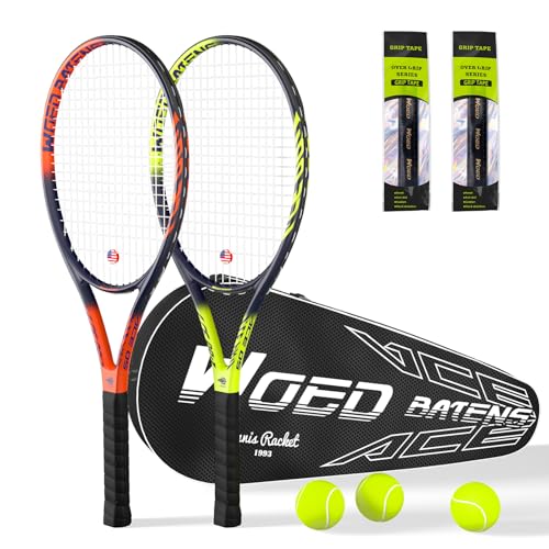 Pro Tennis Racket for Adults, 2 Player 27 inch Speed Tennis Racquet Acceptable for Beginner and Professional with 3 Tennis Balls, 2 Vibration Dampes, 2 Overgrips, Tennis Bag - color: Yellow & Orange
