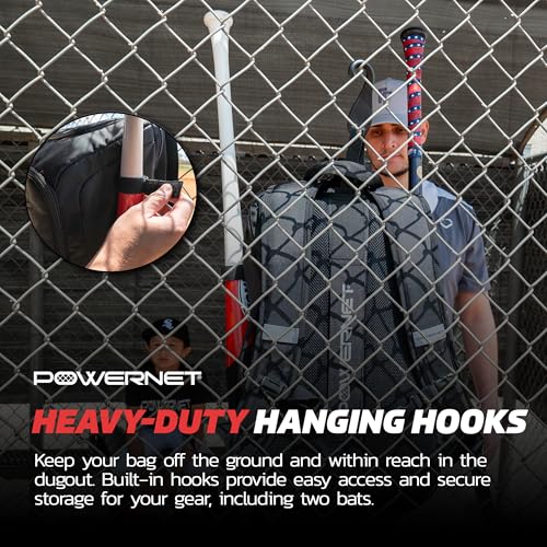 PowerNet Coach's Baseball Backpack, Softball & Baseball Bag for Coaching Gear with Laptop Sleeve and Zippered Pockets, Coach Bat Bag with Chain-Link Fence Hook and Luggage Strap