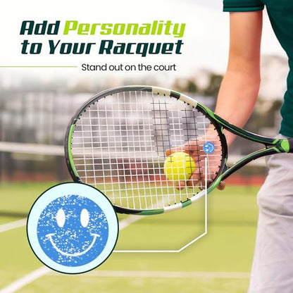 Tennis Racket Dampener - Glitter Smiley Face Designs - Vibration & Noise-Reducing Tennis Shock Absorber for Racquets - Secure, Easy-Install Accessories for Players of All Levels - style: Blue