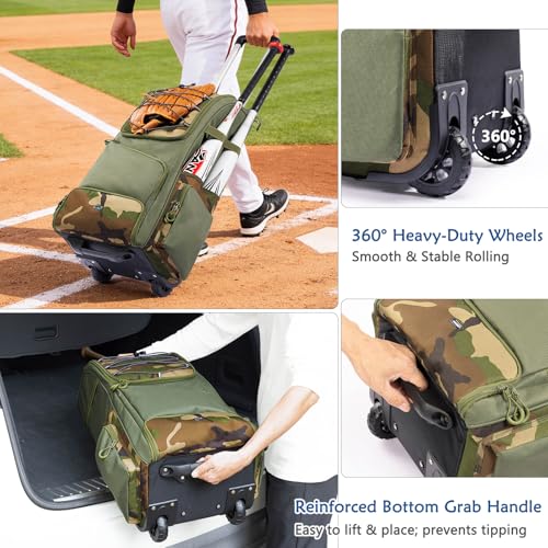 Large Rolling Baseball Catchers Gear Bag with Wheels, Softball Bag with Hard Backing for 4 Bats,Equipment Bag with Separate Shoe & Helmet Compartments, Youth Baseball Bag with 360° Spinner Wheels - color: Green Camo, size: Style A - Integrated Rolling Sys