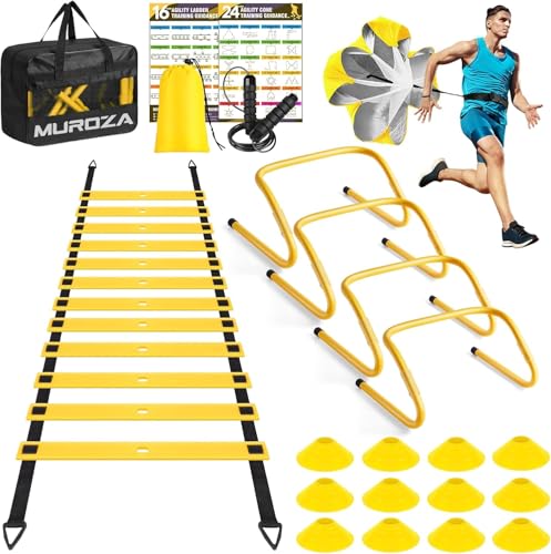 Agility Ladder & Soccer Goal Training Set, 20ft Speed Ladder with Cones, Hurdles, Jump Rope & Parachute, Plus 2 Pack Pop Up Kids Soccer Goals with Ball & Cones for Backyard Sports Practice