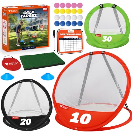 Vitality Sports Golf Chipping Net, 3PCS Pop-Up Golf Practice Net for Backyard, Indoor Outdoor Chipping Game with 3 Targets, 1 Hitting Mat, 20 Balls, Tee Box - style: Golf Net & Mat