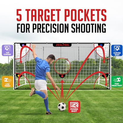 ZEALFEEL Soccer Target Net, 12x6ft Goal Net with 5 Scoring Zones for Practice Shooting & Goal Shots, Anti-Tear Mesh, 3 Steel Rods, Removable Stick-On Markers, Portable Football Training Equipment
