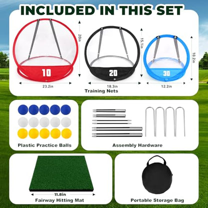AuntyFey Golf Chipping Net, Golf Chipping Game, 3Pcs Pop-Up Golf Practice Net Backyard with 3 Targets, 15 Balls, 1 Hitting Mat, 1 Storage Bag, Indoor Outdoor Game Gift(Golf Clubs not Included)