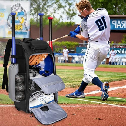 GOBUROS Rolling Baseball Backpack with Wheels, Softball Catchers Equipment Bag Holds 4 Bats, Roller Baseball Backpack with Shoe Compartment and Multiple Pockets for Baseball Gear with Fence Hooks