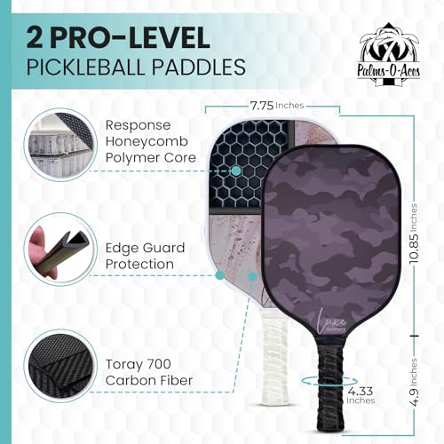 Palms-O-Aces USAPA Approved Pickleball Paddle Set | 2 Carbon Fiber T700 Graphite Paddles with Enhanced Spin Surface | Lightweight Pickleball Paddle Set with 2 Neoprene Covers, 4 Balls & Carry Bag Set