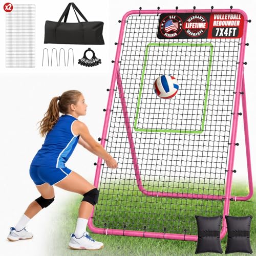Suteck 7x4ft Volleyball Rebounder Net 2-Net System, 5-Angle Adjustable & Durable Trainer for Spike, Serve, Passing & Solo Practice, Includes Storage Bag for Easy Travel & Portability - color: Pink & Green