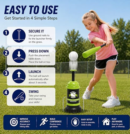 Pop Up Baseball Trainer Set for Kids, Backyard Fun, No Pitch Needed, Beginner Batting Practice Toy with Launcher, Bat, Balls & Carry Bag (Green) - color: Green